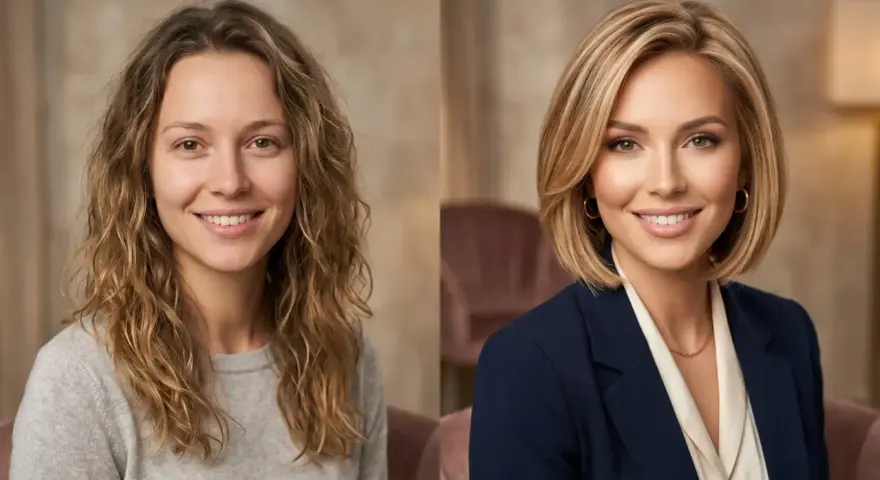 Przed i po: metamorfoza z naturalnego wyglądu do eleganckiego wizerunku z bobem warstwowym cieniowanym krótkim.