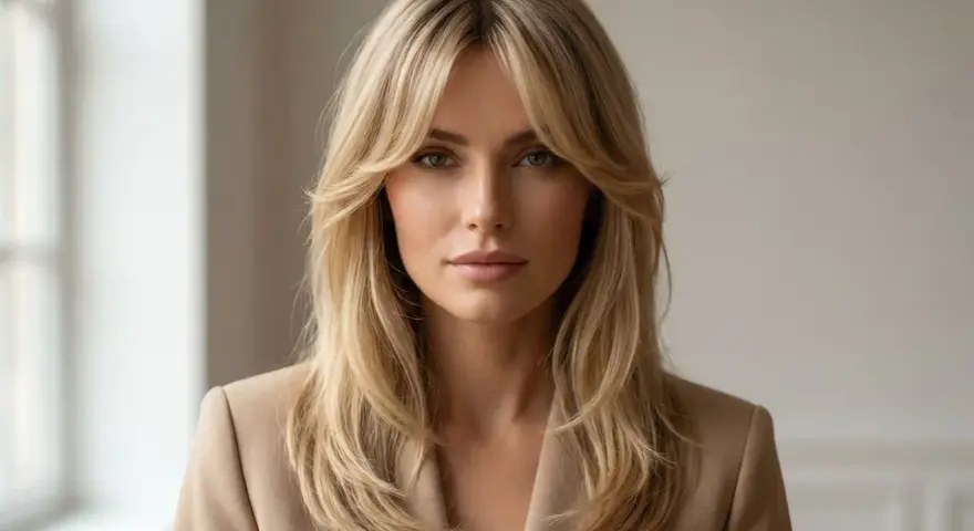 Kobieta z blond włosami i stylową grzywką kurtynową, ubrana w beżową marynarkę.