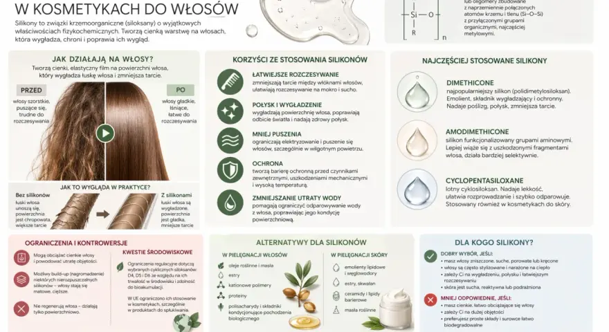 Silikony w kosmetykach wygładzają włosy, ułatwiają rozczesywanie i nadają połysk. Tworzą ochronną warstwę, która chroni przed uszkodzeniami.