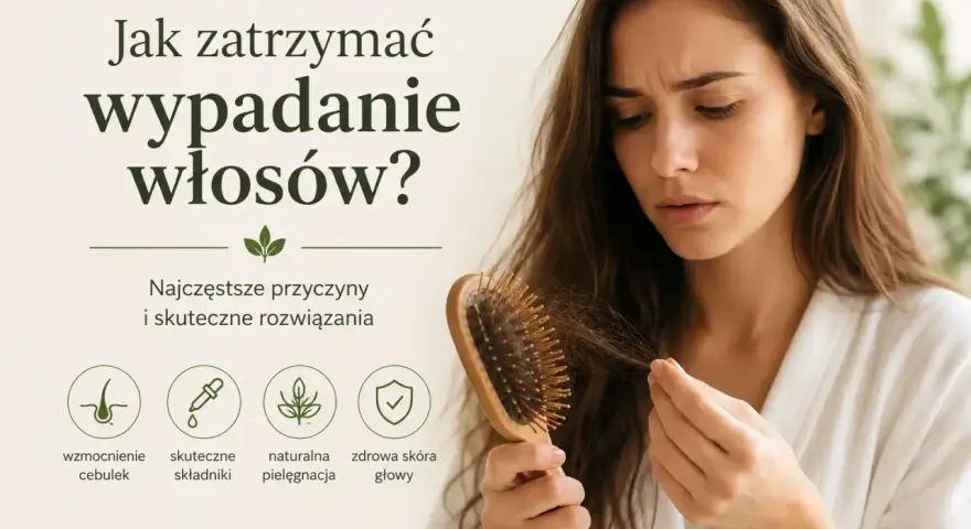 Zmartwiona kobieta trzyma szczotkę z wypadającymi włosami. Grafika podpowiada, jak wzmocnić włosy: wzmocnienie cebulek, skuteczne składniki, naturalna pielęgnacja, zdrowa skóra głowy.