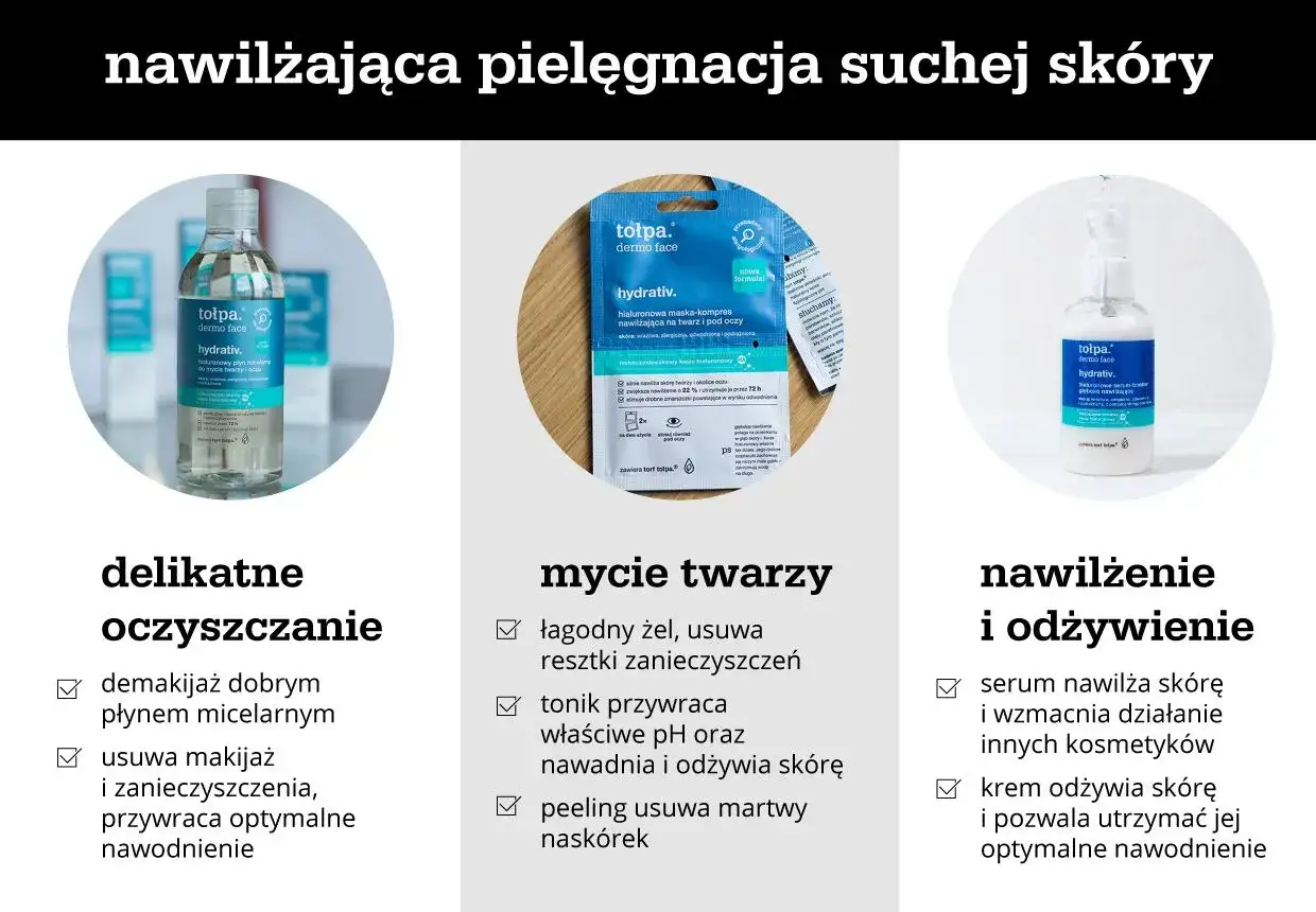 Domowe sposoby na nawilżenie suchej skóry: delikatne oczyszczanie, mycie twarzy i nawilżenie z produktami Tołpa.