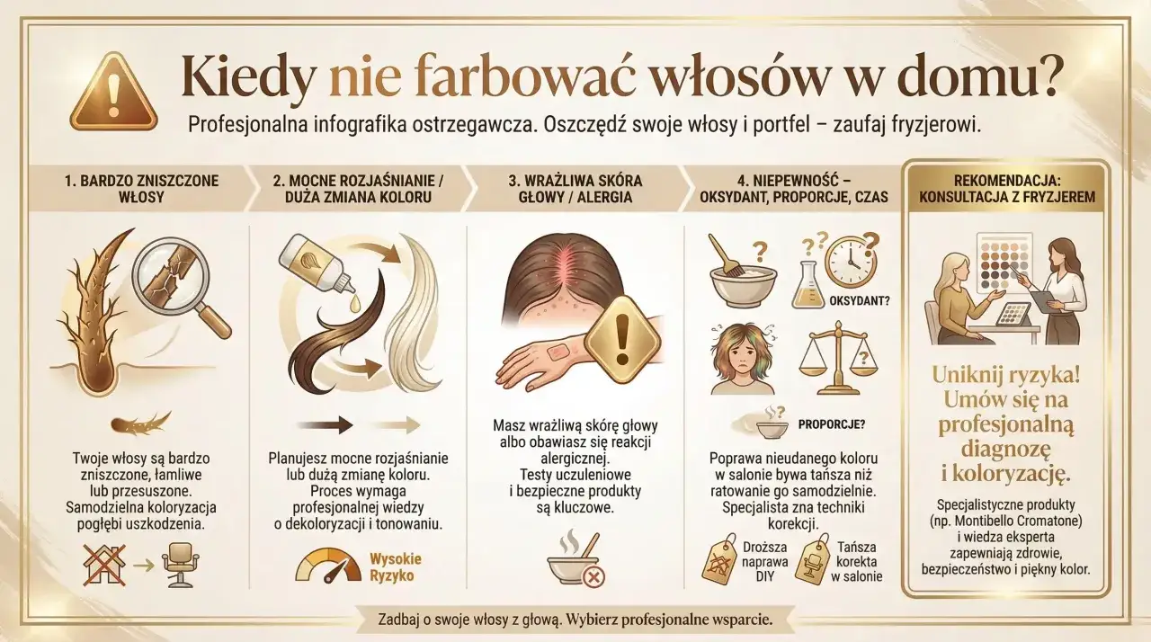 Infografika pokazuje, kiedy nie farbować włos&oacute;w w domu: przy zniszczonych włosach, mocnym rozjaśnianiu, wrażliwej sk&oacute;rze lub niepewności co do oksydantu. Zawsze konsultuj się z fryzjerem, by wiedzieć, ile trzymać farbę na włosach.