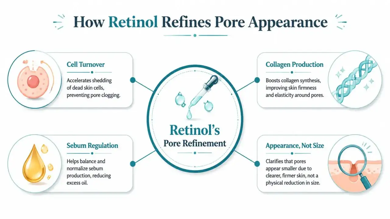 Retinol jak działa: przyspiesza odnowę kom&oacute;rkową, reguluje sebum, zwiększa produkcję kolagenu, poprawiając wygląd por&oacute;w.
