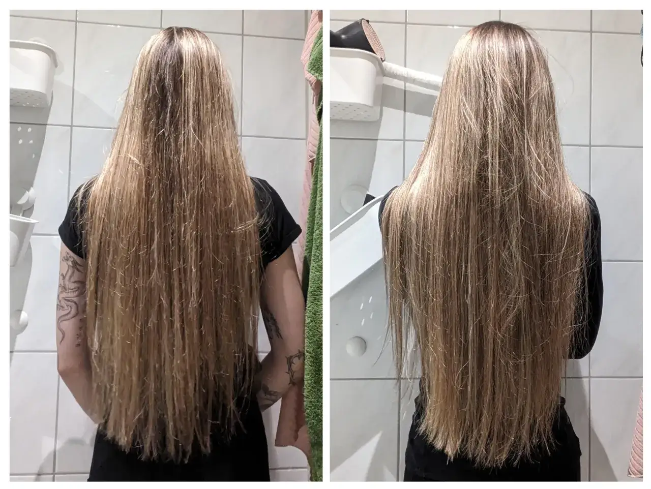 Długie, blond włosy przed i po olejowaniu. Włosy po zabiegu są gładsze i bardziej lśniące.