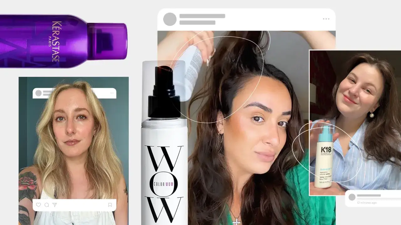 Kobiety pokazują, jak unieść włosy u nasady za pomocą pianki K&eacute;rastase, sprayu Color Wow i AstroLift K18.