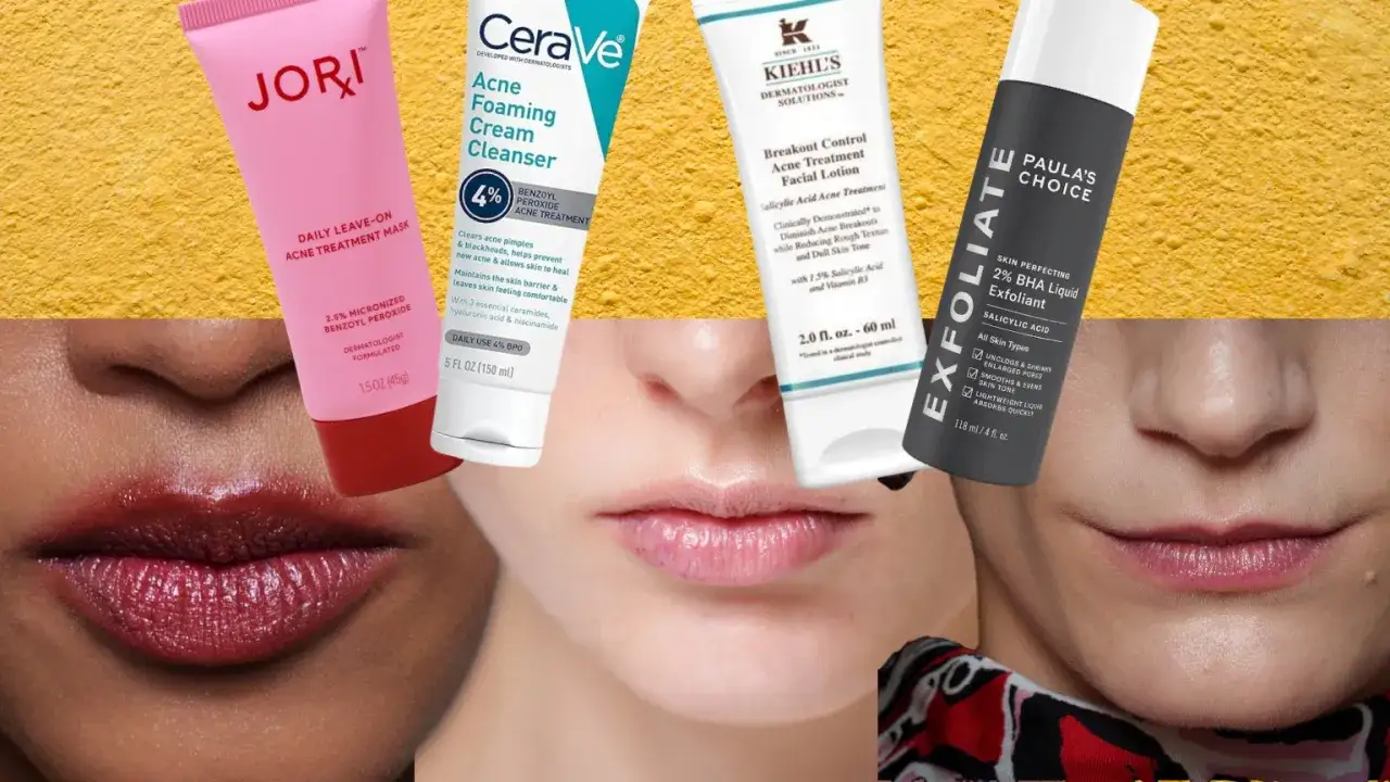 Kosmetyki do walki z pryszczami na brodzie: maska Jori, pianka CeraVe, lotion Kiehl's i płyn Paula's Choice.