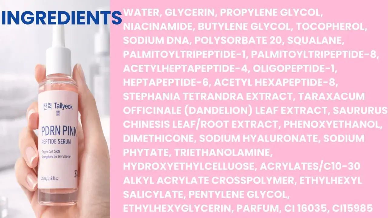 Pielęgnacja z peptydami: czy peptydy są bezpieczne? Skład serum PDRN PINK z licznymi peptydami i ekstraktami.