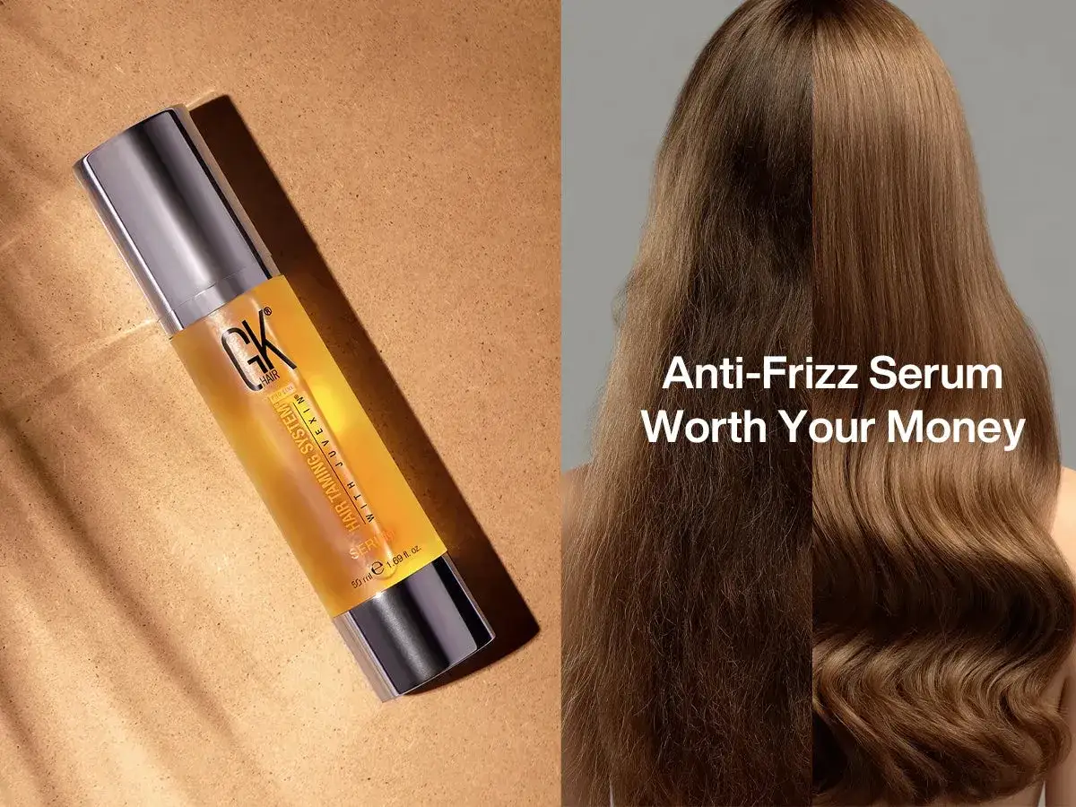 Serum GK Hair dla cienkich, puszących się włosów. Po lewej stronie włosy nieokiełznane, po prawej wygładzone i lśniące.