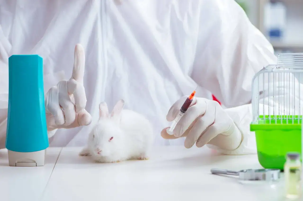 Biały kr&oacute;lik na stole laboratoryjnym, obok strzykawka z płynem. To obraz symbolizujący testowanie kosmetyk&oacute;w na zwierzętach.