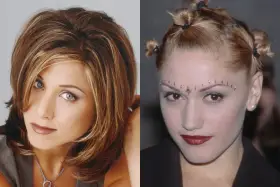 Dwie ikony stylu: Jennifer Aniston z fryzurą lat 90. i Gwen Stefani z odważnym makijażem i upięciem włosów, uosabiające fryzury damskie lat 80-90.