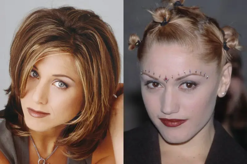 Dwie ikony stylu: Jennifer Aniston z fryzurą lat 90. i Gwen Stefani z odważnym makijażem i upięciem włosów, uosabiające fryzury damskie lat 80-90.